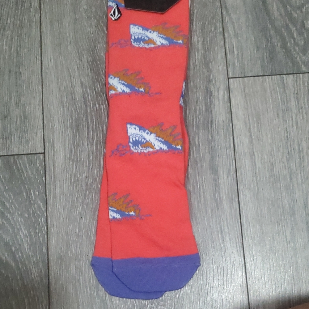 Volcom Coral Red and Purple and Multicolor Shark Motif Causal Crew Socks